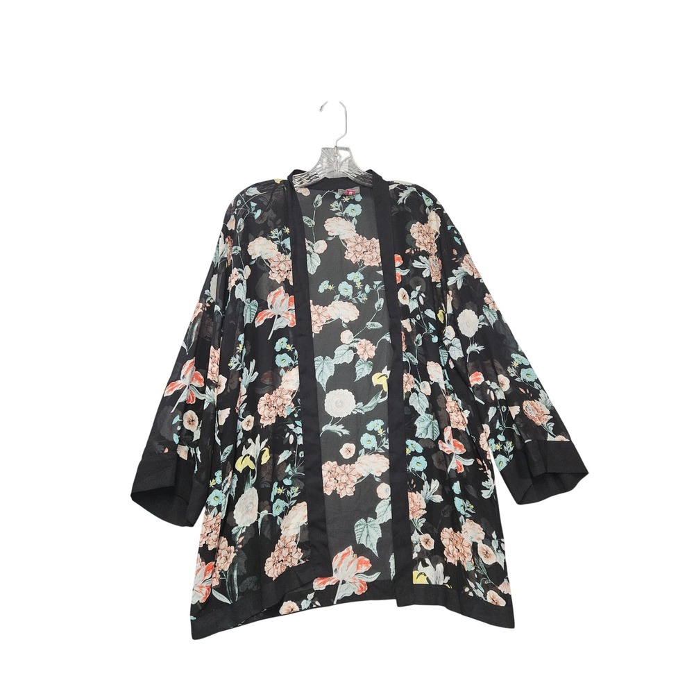 Vince Camuto Womens Black Floral Kimono Wrap Open Front Cardigan XS Sheer Boho